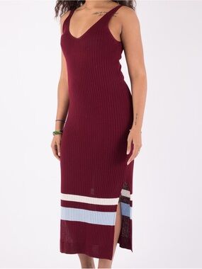 H&M Burgundy Ribbed V-Neck Midi Dress with Contrast Stripes